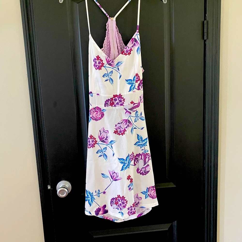 White, purple and blue flower summer dress with open back